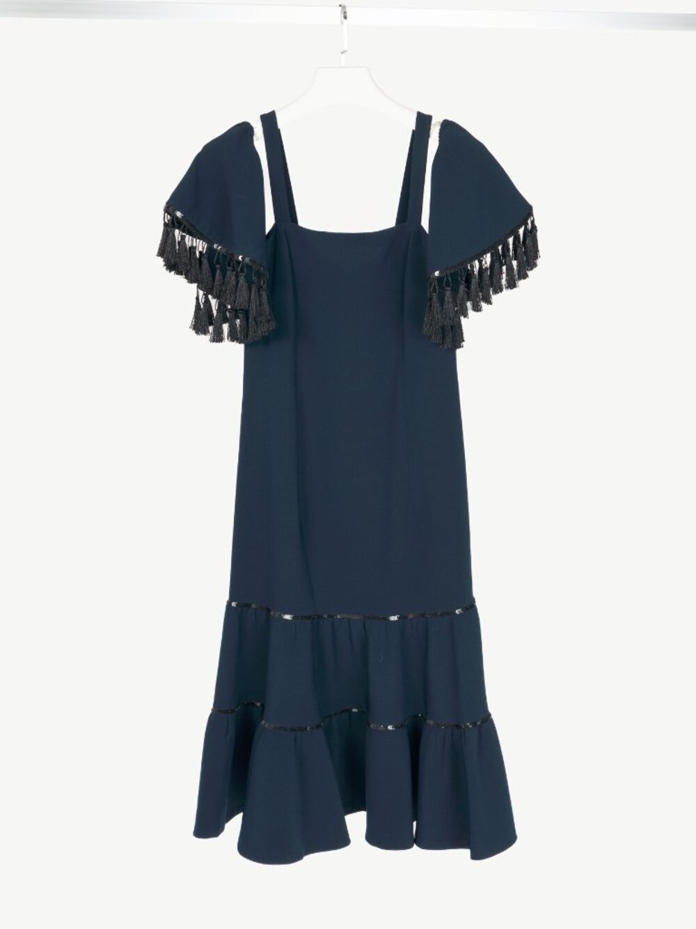 Sachin & Babi Navy Crepe Sequin Tassel Mermaid Midi Dress